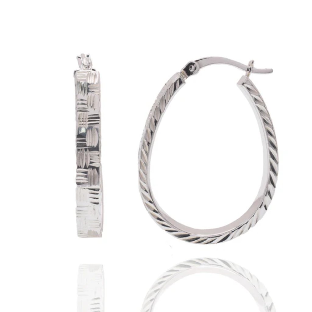 Sterling Silver 925 Rhodium Plated Diamond Cut Twisted Oval Hoop Earrings 18mm 69$